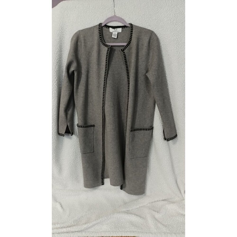 Magaschoni Open Front Cardigan Gray Black Trim Size S Long Midi Blazer Sweater - Picture 12 of 15